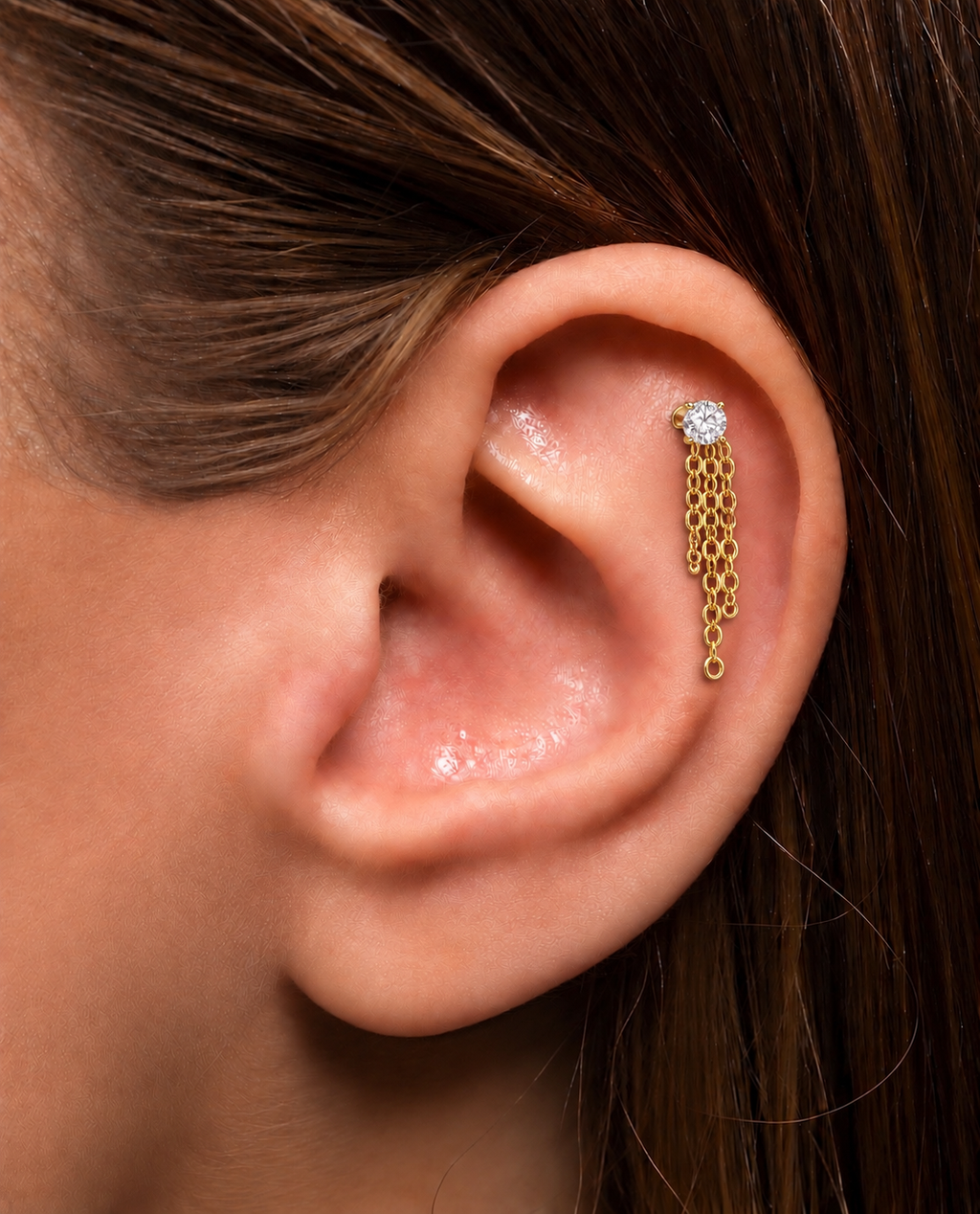 Round Shaped Stone Stud with Hanging Chain